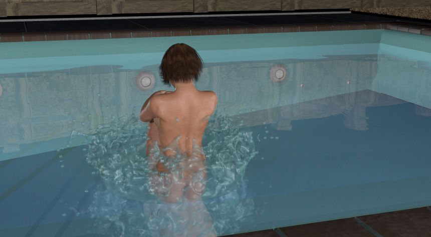 Rachel jumps in the pool